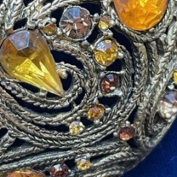 Vintage AMBER AND TOPAZ RHINESTONE BROOCH Gold Tone Braided Pot Metal Pre 1950's - Picture 9 of 12